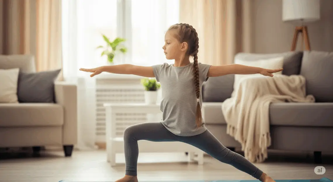 Yoga enfant concentration Sélestat : jeune fille calme en posture de guerrier dans son salon, montrant l'amélioration du calme et de l'attention avec le yoga à domicile.