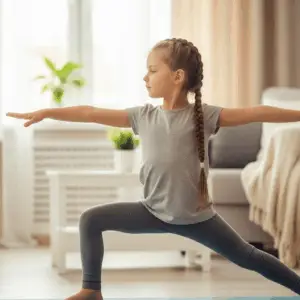 Yoga enfant concentration Sélestat : jeune fille calme en posture de guerrier dans son salon, montrant l'amélioration du calme et de l'attention avec le yoga à domicile.