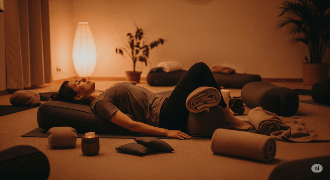 Yoga burn out Sélestat : personne allongée en posture restauratrice avec coussins, dans une ambiance douce, suggérant l'apaisement mental et la récupération de l'épuisement.