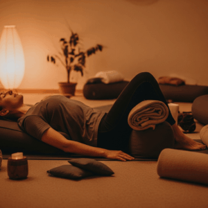 Yoga burn out Sélestat : personne allongée en posture restauratrice avec coussins, dans une ambiance douce, suggérant l'apaisement mental et la récupération de l'épuisement.