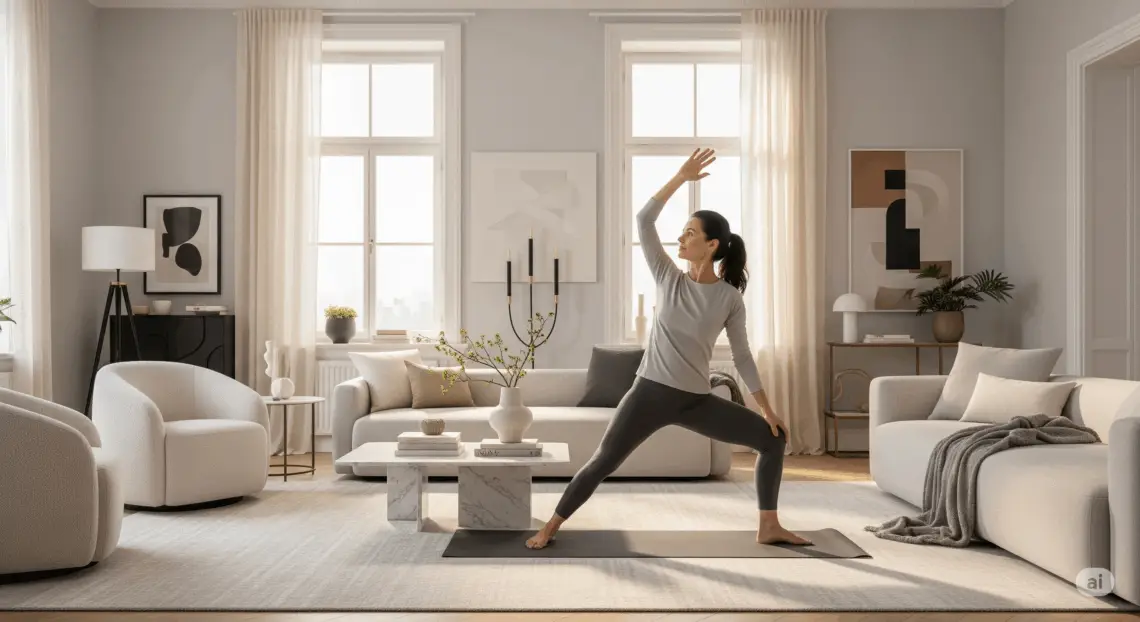Cours de yoga à domicile Sélestat pour CSP+ : femme en posture de guerrier dans un salon moderne et lumineux, symbolisant un yoga personnalisé et luxueux pour un emploi du temps chargé.