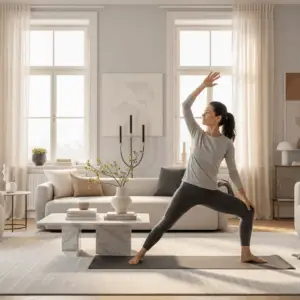 Cours de yoga à domicile Sélestat pour CSP+ : femme en posture de guerrier dans un salon moderne et lumineux, symbolisant un yoga personnalisé et luxueux pour un emploi du temps chargé.
