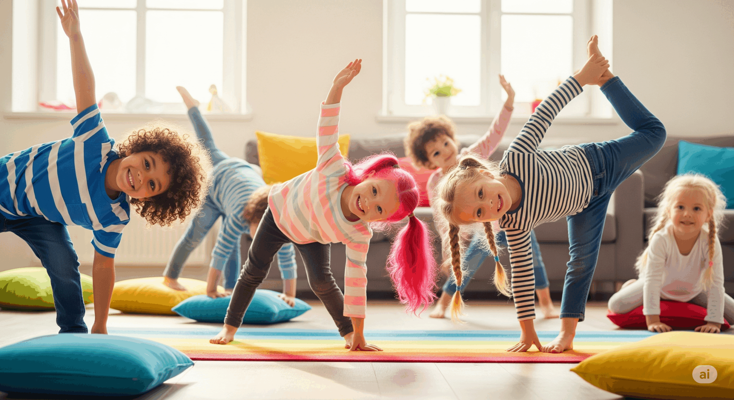 oga enfants Sélestat : groupe de jeunes élèves riant en faisant des postures ludiques, illustrant des cours pour apaiser le stress et les angoisses chez l'enfant.