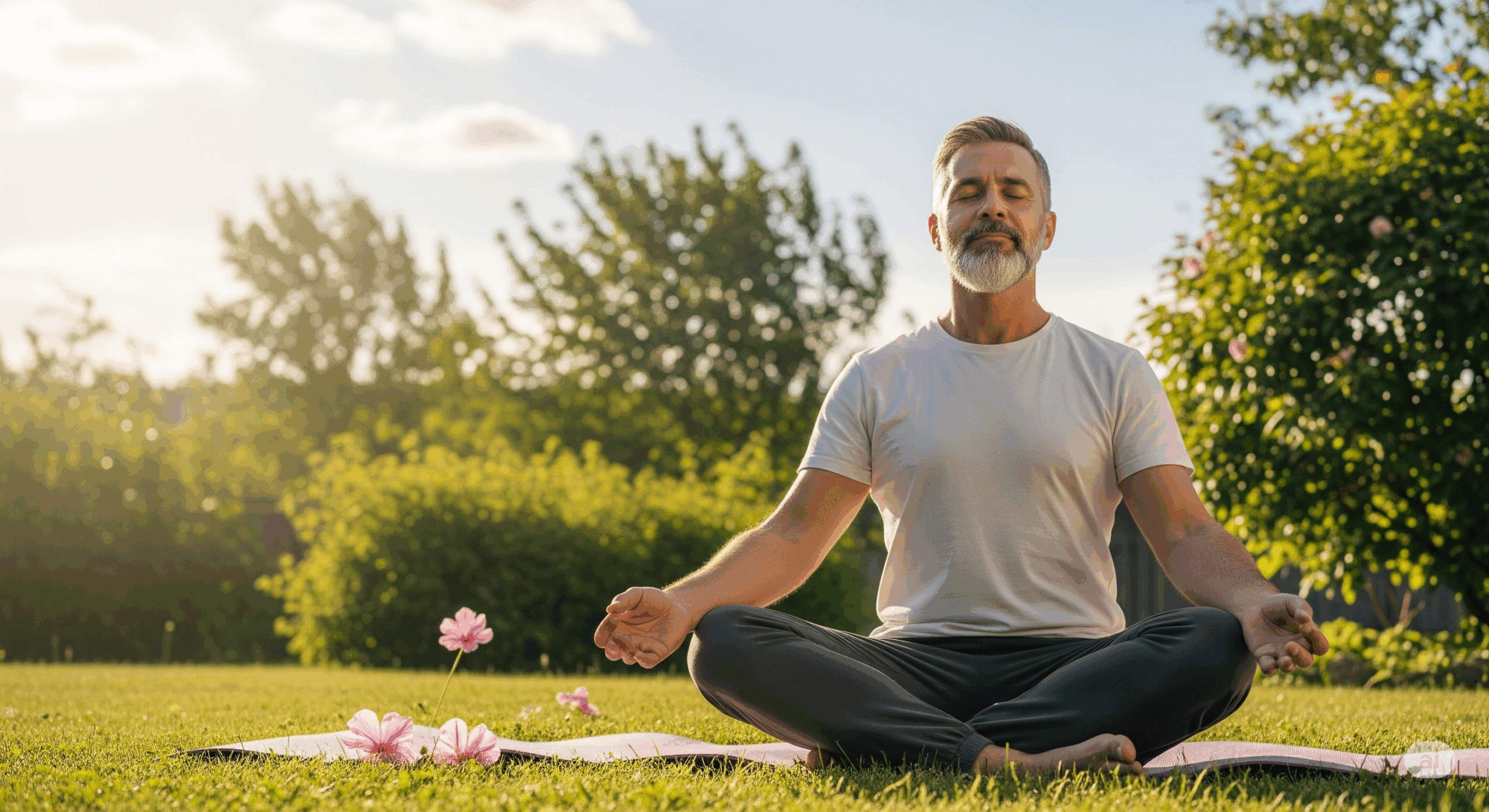 Yoga stress chronique Sélestat : homme serein en méditation en pleine nature, représentant la libération du stress et le retour à la sérénité grâce au yoga particulier.