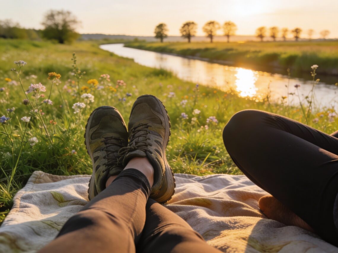 Pause walking yoga sur couverture dans le Ried alsacien au printemps, pieds et jambes en premier plan avec prairie fleurie et canal en arrière-plan