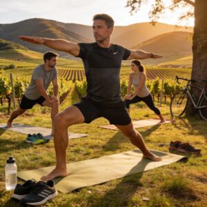 Groupe d'athlètes amateurs pratiquant le yoga sur tapis en plein air dans la nature alsacienne avec vue sur les Vosges et vignobles, équipements sportifs à proximité
