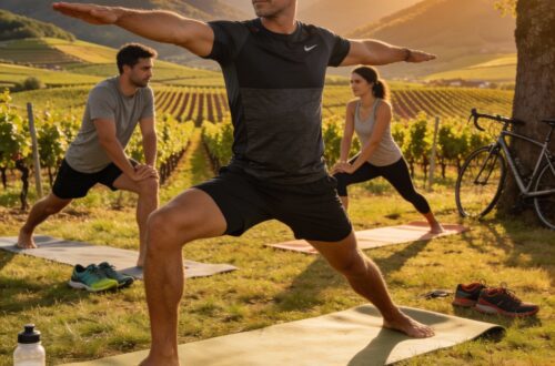 Groupe d'athlètes amateurs pratiquant le yoga sur tapis en plein air dans la nature alsacienne avec vue sur les Vosges et vignobles, équipements sportifs à proximité