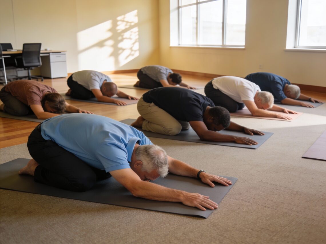 Groupe de professionnels de 35 à 50 ans pratiquant la posture de l'enfant (Balasana) sur tapis de yoga dans une salle de réunion lumineuse pendant la pause déjeuner, séance de yoga corporate anti-stress