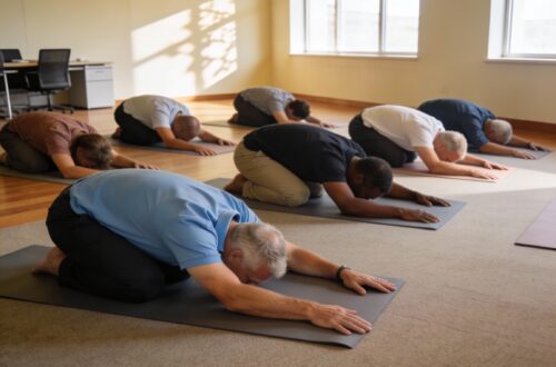 Groupe de professionnels de 35 à 50 ans pratiquant la posture de l'enfant (Balasana) sur tapis de yoga dans une salle de réunion lumineuse pendant la pause déjeuner, séance de yoga corporate anti-stress