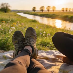 Pause walking yoga sur couverture dans le Ried alsacien au printemps, pieds et jambes en premier plan avec prairie fleurie et canal en arrière-plan