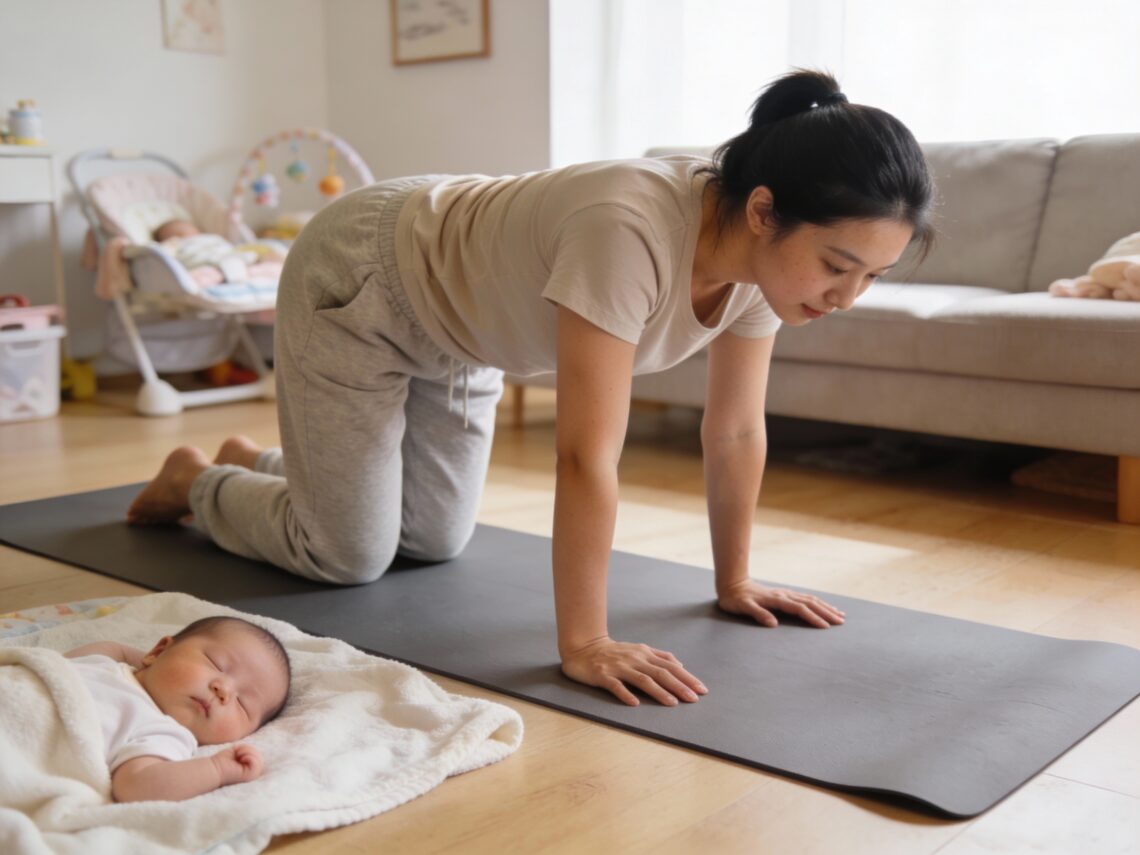 Jeune maman pratiquant la posture chat-vache du yoga post-partum sur un tapis dans son salon lumineux, avec son bébé dormant paisiblement à côté sur une couverture douce