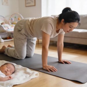 Jeune maman pratiquant la posture chat-vache du yoga post-partum sur un tapis dans son salon lumineux, avec son bébé dormant paisiblement à côté sur une couverture douce