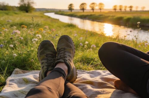 Pause walking yoga sur couverture dans le Ried alsacien au printemps, pieds et jambes en premier plan avec prairie fleurie et canal en arrière-plan