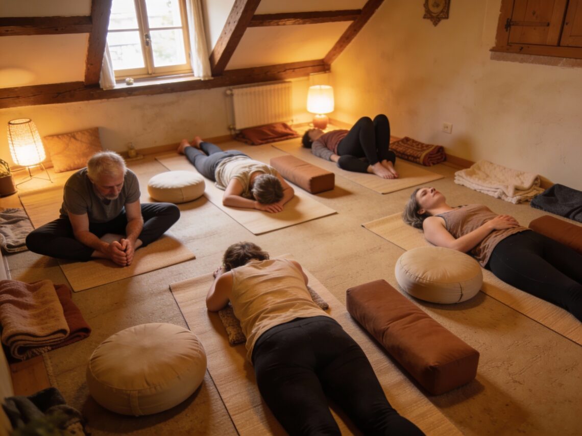 Cours collectif de Yin yoga à Sélestat - Groupe mixte pratiquant des postures au sol avec tapis et coussins dans une ambiance intime et chaleureuse