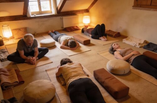 Cours collectif de Yin yoga à Sélestat - Groupe mixte pratiquant des postures au sol avec tapis et coussins dans une ambiance intime et chaleureuse